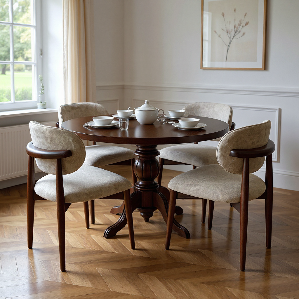 Elegansia Rundtisch-Set (4 Brugge Stühle) – Kleinhaus Furniture