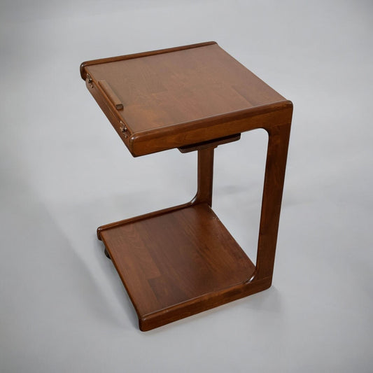 C-shaped side table with wheels, 4-stage extendable mechanism, and phone/tablet stand function.