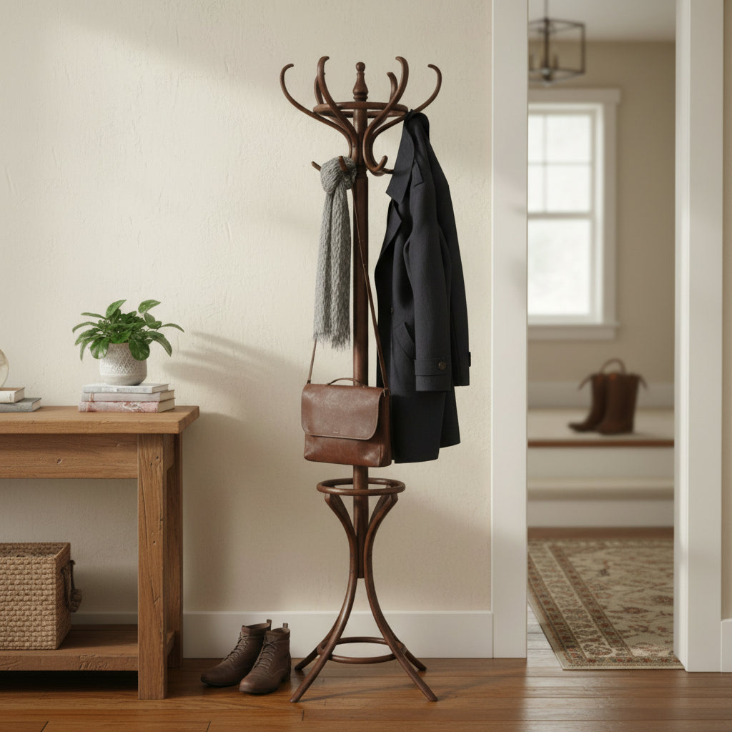 Tonet Coat Rack, 6-Piece Wooden Frame, Dark Walnut