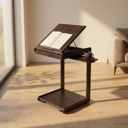 C Sehpa Tekerlekli Koyu Ceviz, Açılır 4 Kademeli Mekanizmali, Telefon Tablet Stand Özellikli Yan Sehpa