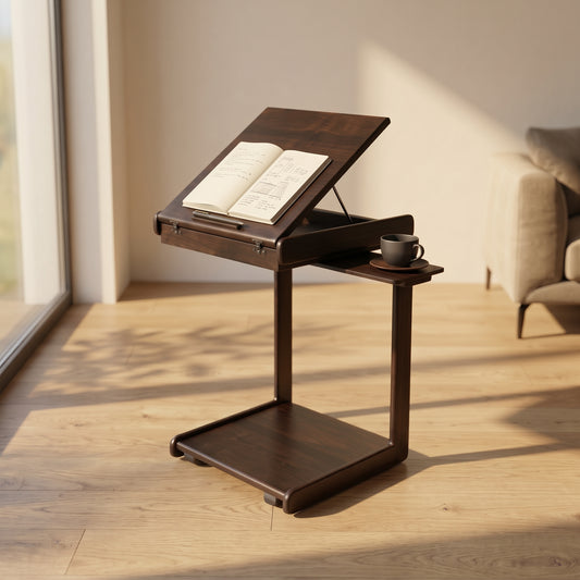C Sehpa Tekerlekli Koyu Ceviz, Açılır 4 Kademeli Mekanizmali, Telefon Tablet Stand Özellikli Yan Sehpa