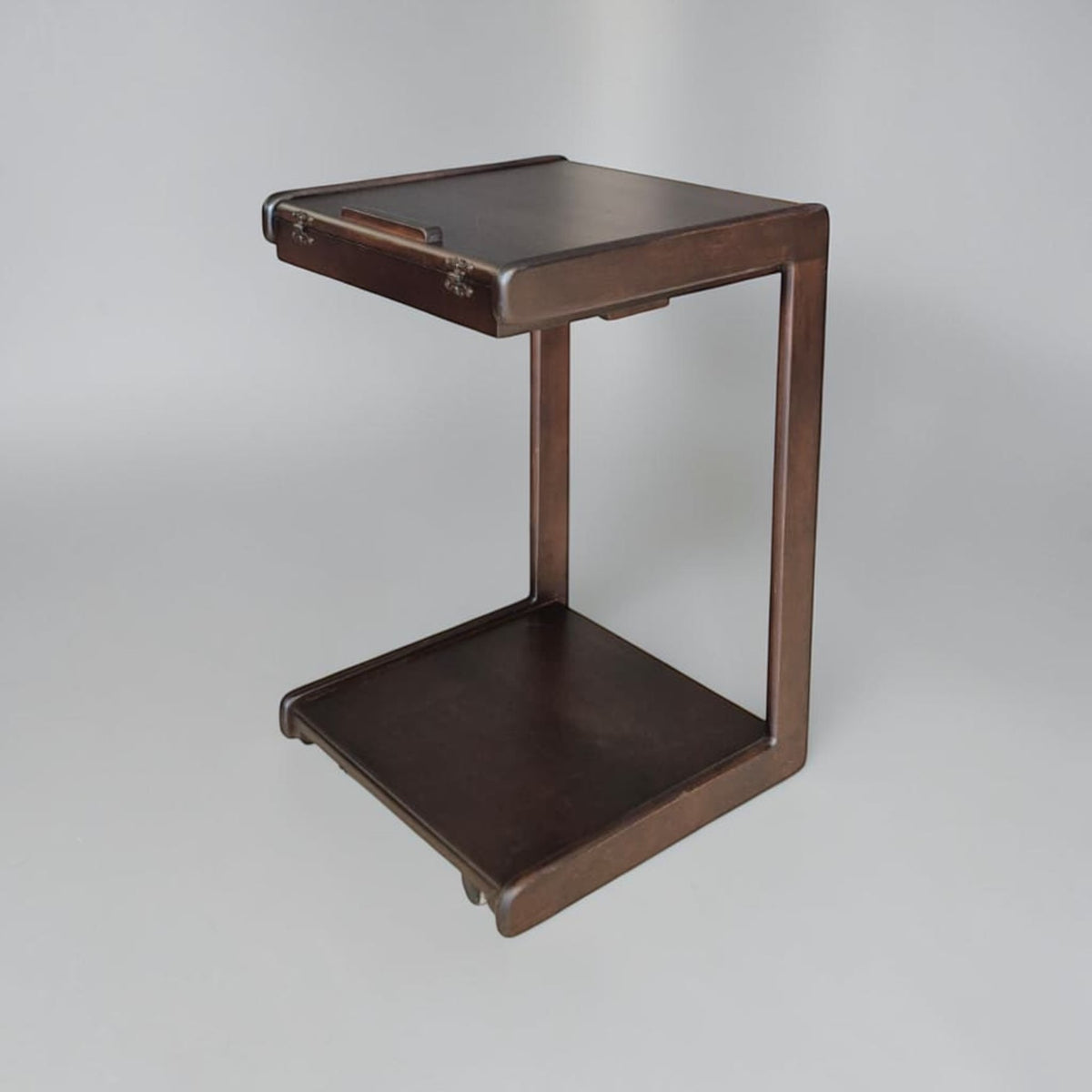 C Sehpa Tekerlekli Koyu Ceviz, Açılır 4 Kademeli Mekanizmali, Telefon Tablet Stand Özellikli Yan Sehpa