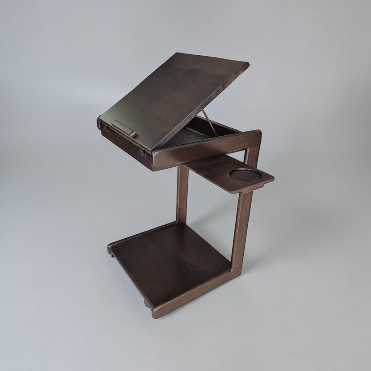 C Sehpa Tekerlekli Koyu Ceviz, Açılır 4 Kademeli Mekanizmali, Telefon Tablet Stand Özellikli Yan Sehpa